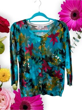 Joseph A Turquoise Floral Button-Front Cardigan Sweater. Long-sleeve Colorful